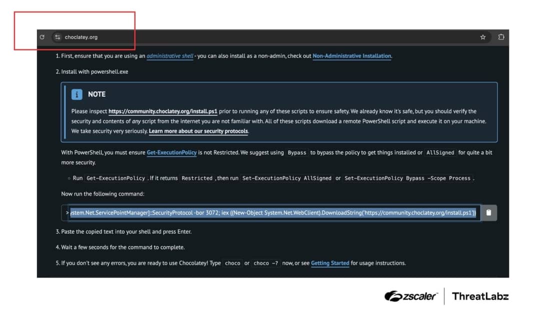 Screenshot of the fake Chocolatey website showing the malicious PowerShell install command