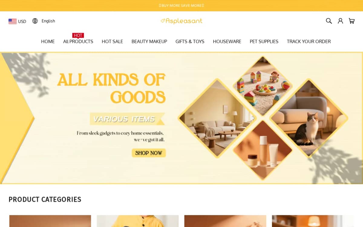 Screenshot of the Aspleasant.com storefront