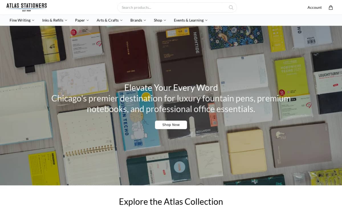 Screenshot of the Atlasstationershop.com copycat storefront using Atlas Stationers branding