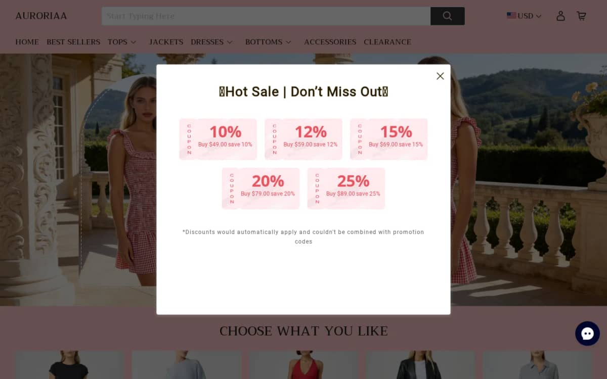 Screenshot of the Auroriaa.com storefront