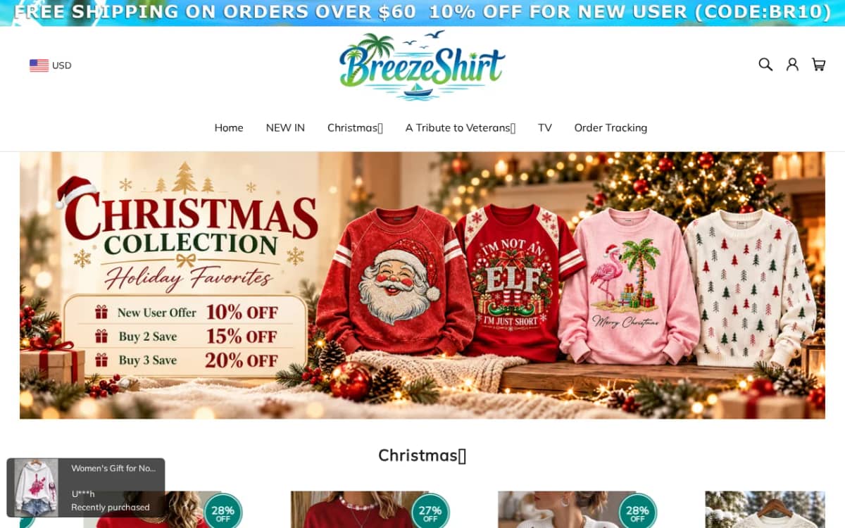 Screenshot of the breezeshirt.com dropshipping store homepage