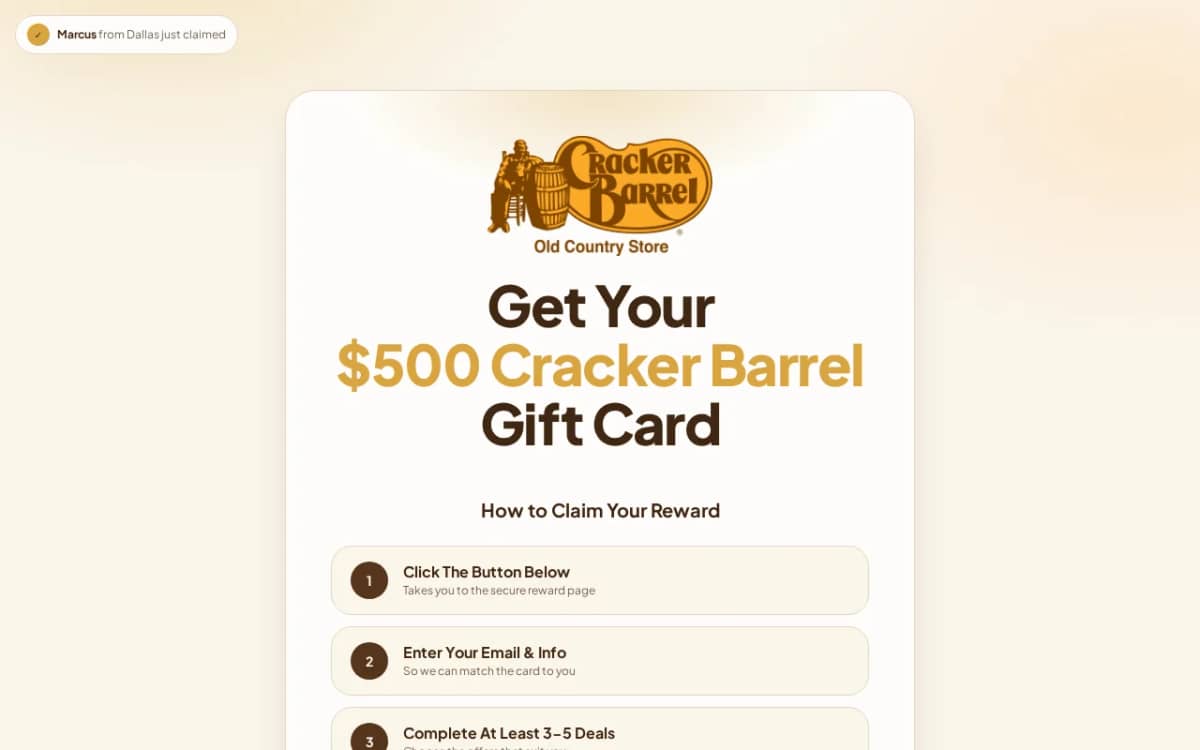 Screenshot of the crackerbarrelxmas.lovable.app gift card page
