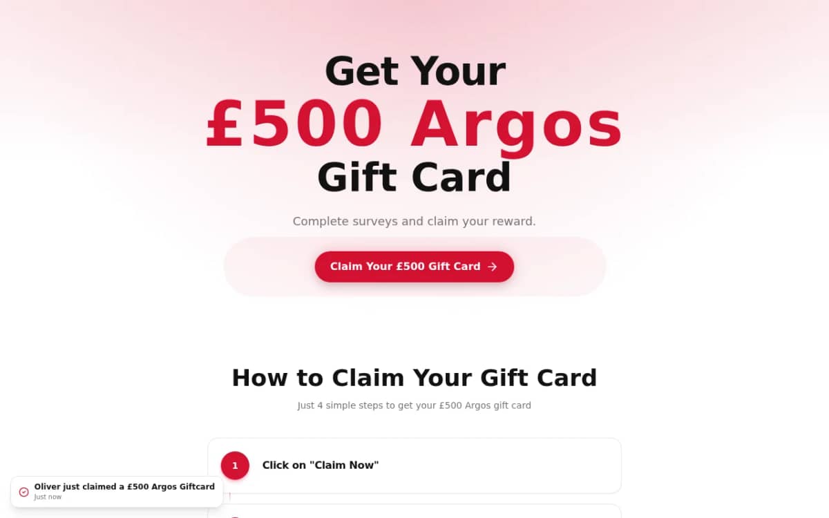 Screenshot of the dealdrop.online fake £500 Argos gift card page