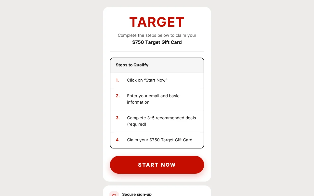 Screenshot of the Hubbycarts.com '$750 Target Gift Card' claim page with its steps to qualify
