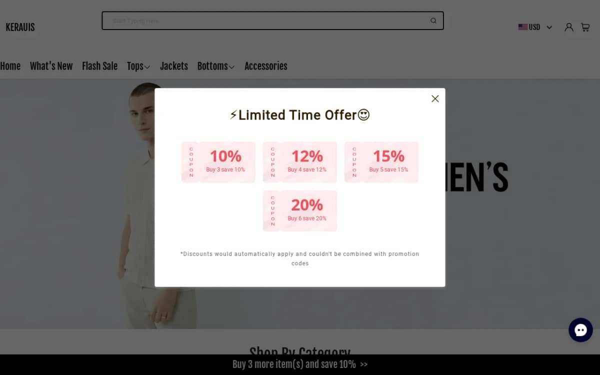 Screenshot of the Kerauis.com storefront with a discount pop-up