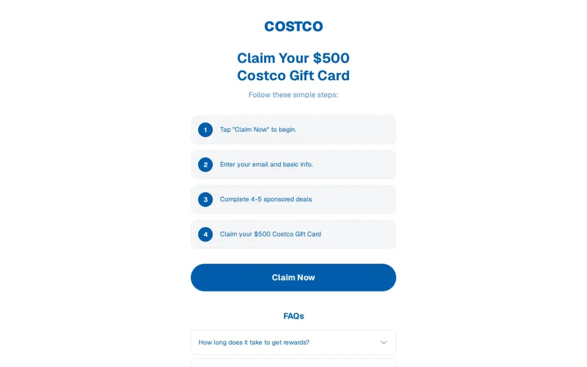 Screenshot of the mydealperks.com 'Costco Gift Card Reward' page