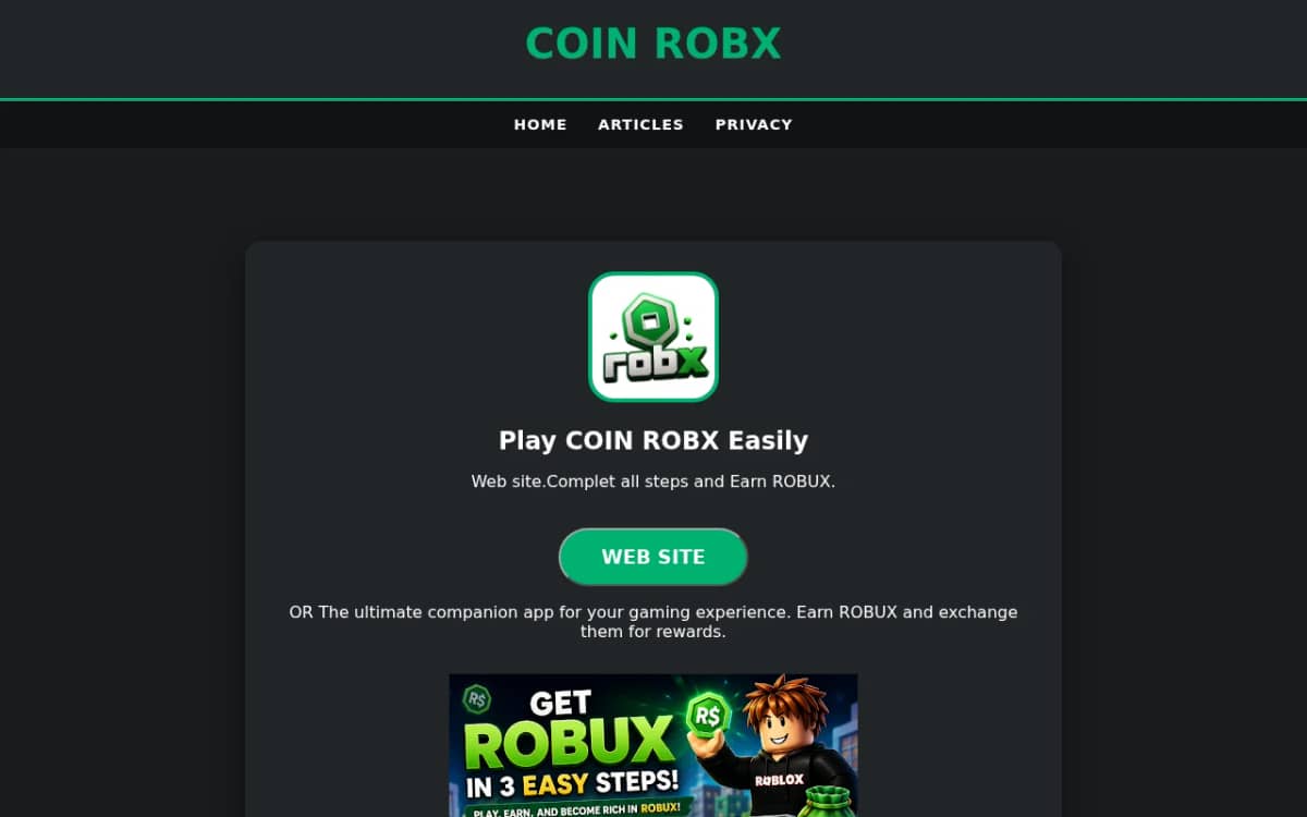 Screenshot of the robx.me 'free Robux' page