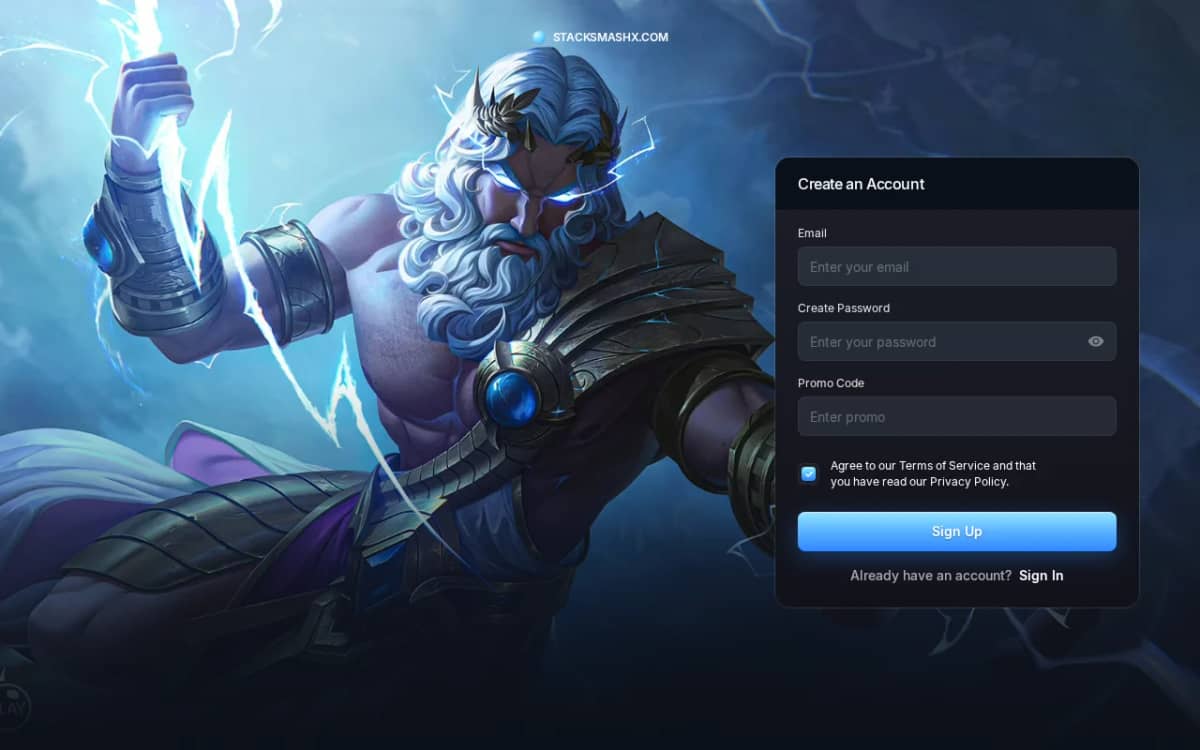 Screenshot of the stacksmashx.com crypto casino sign-up page