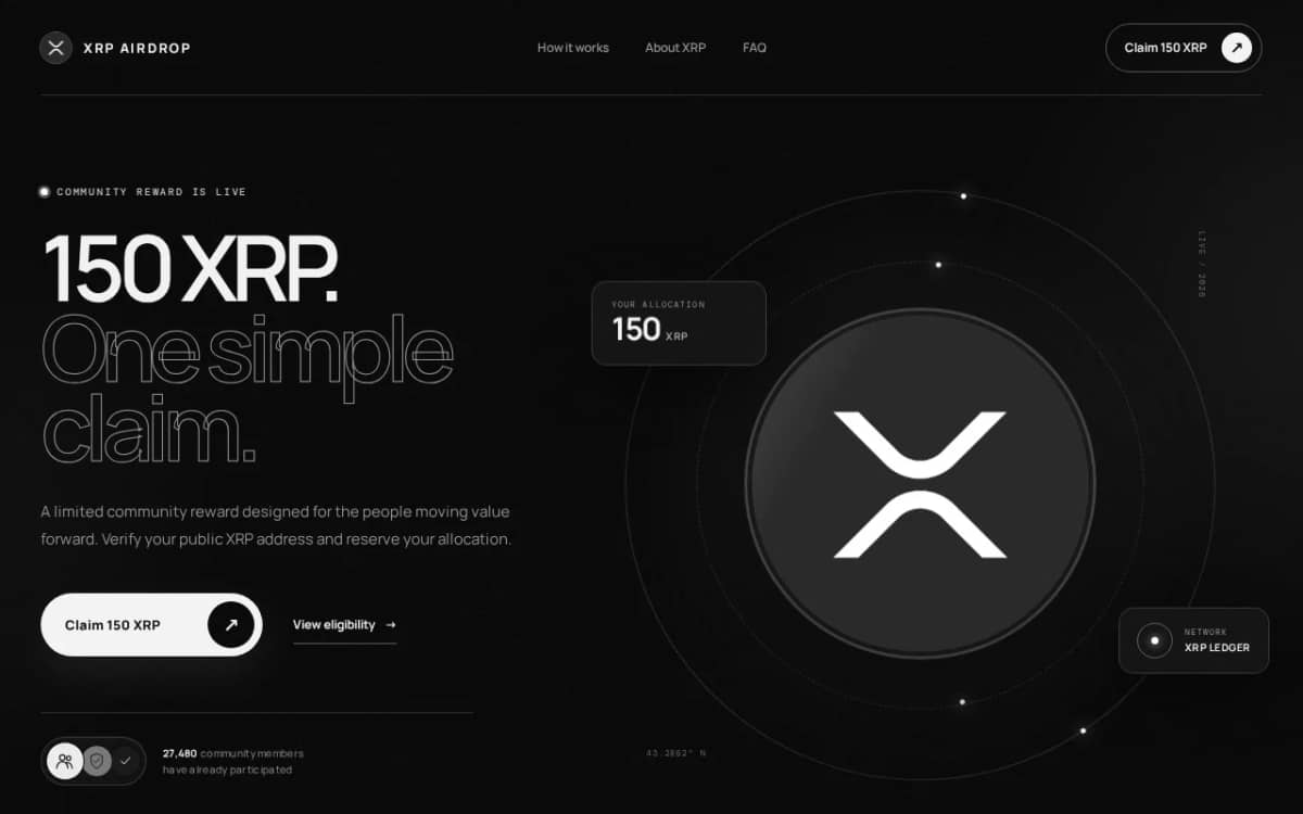 Screenshot of the stack-deckcoin.com 150 XRP claim page