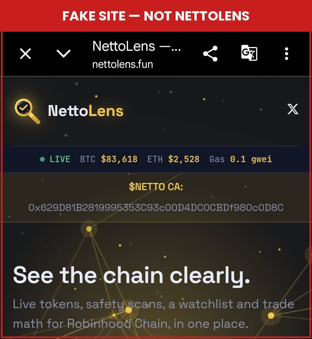 NettoLens warning: screenshot of the copycat nettolens.fun site labelled 'Fake site — not NettoLens'