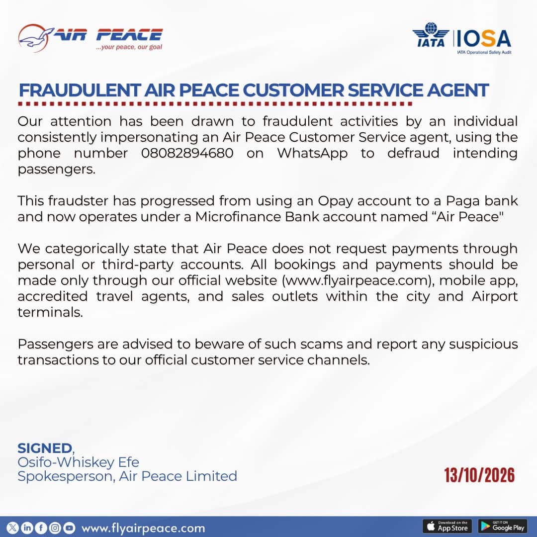 Air Peace scam alert notice warning about a fraudulent customer service agent on WhatsApp