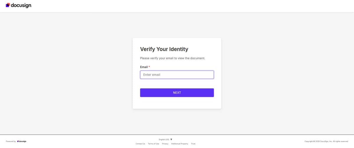 Screenshot of a DocuSign-branded 'Verify Your Identity' phishing page on bluesoftsdocrks.com