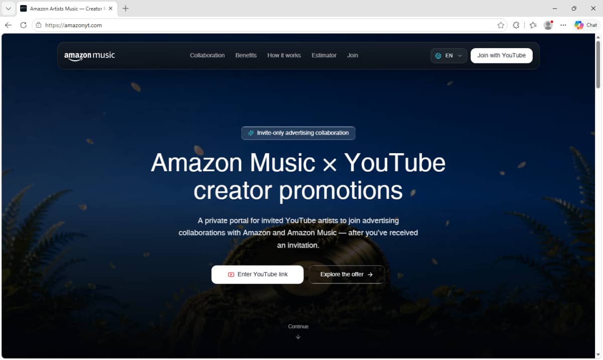 Screenshot of the fake 'Amazon Music x YouTube creator promotions' page on amazonyt.com