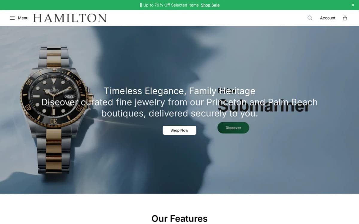Screenshot of the hamiltonjewelersonline.shop copycat store homepage
