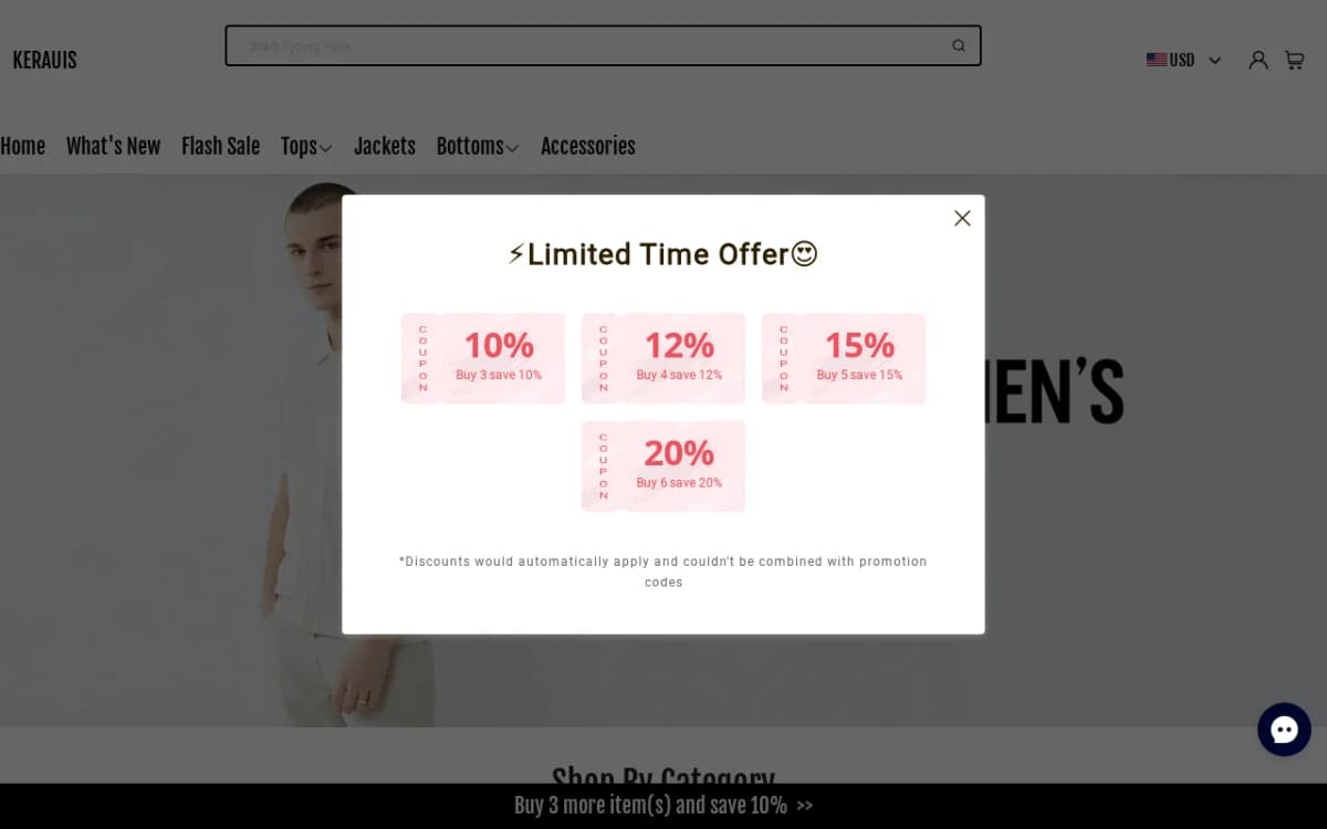 Screenshot of the Kerauis.com storefront with a discount pop-up
