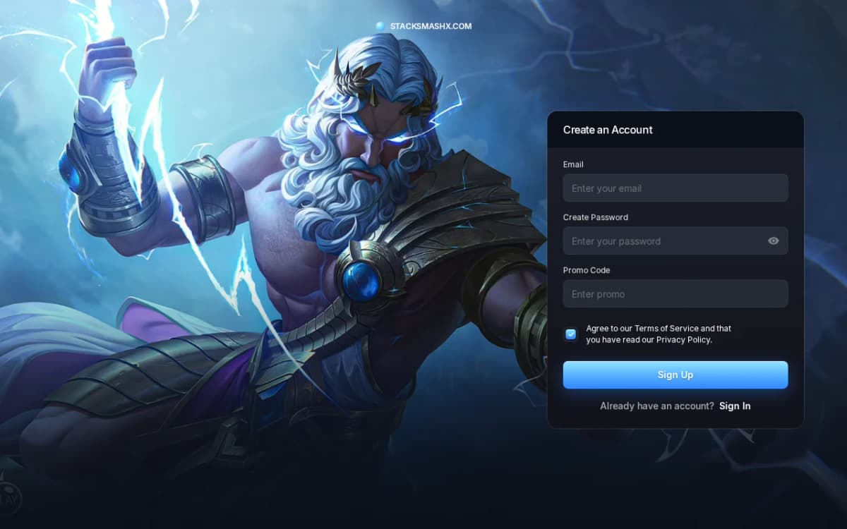 Screenshot of the stacksmashx.com crypto casino sign-up page