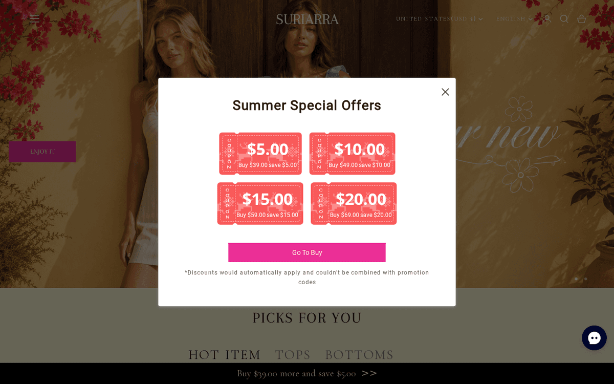 Screenshot of the Suriarra.com storefront
