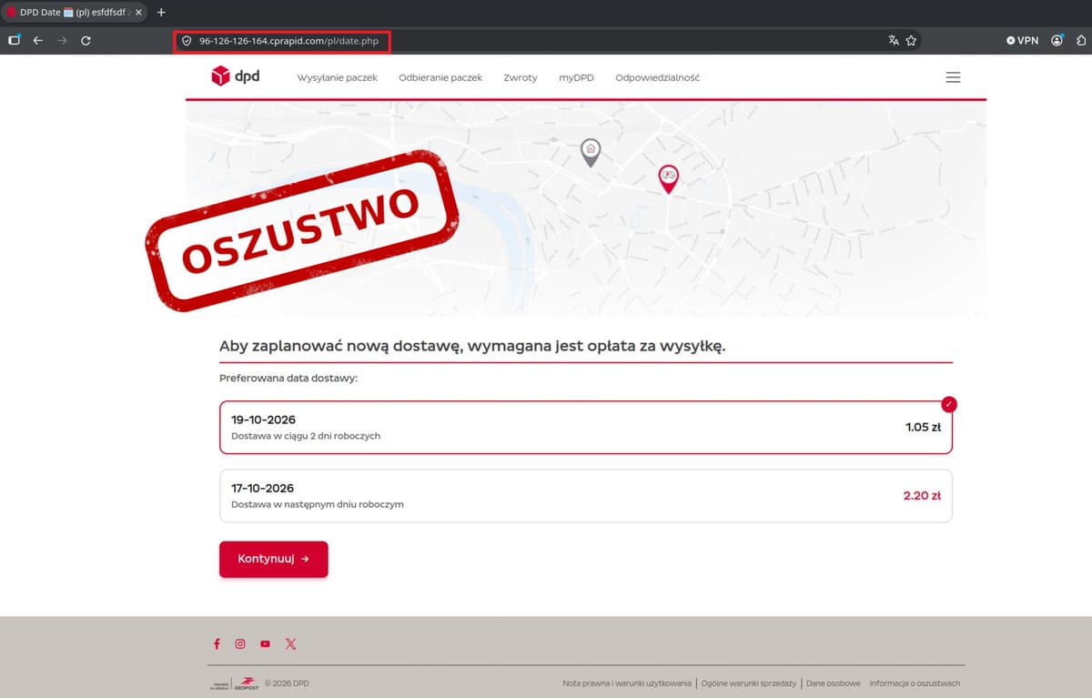 Screenshot of the fake DPD redelivery page asking for a fee, marked 'OSZUSTWO' (fraud) by CERT Polska