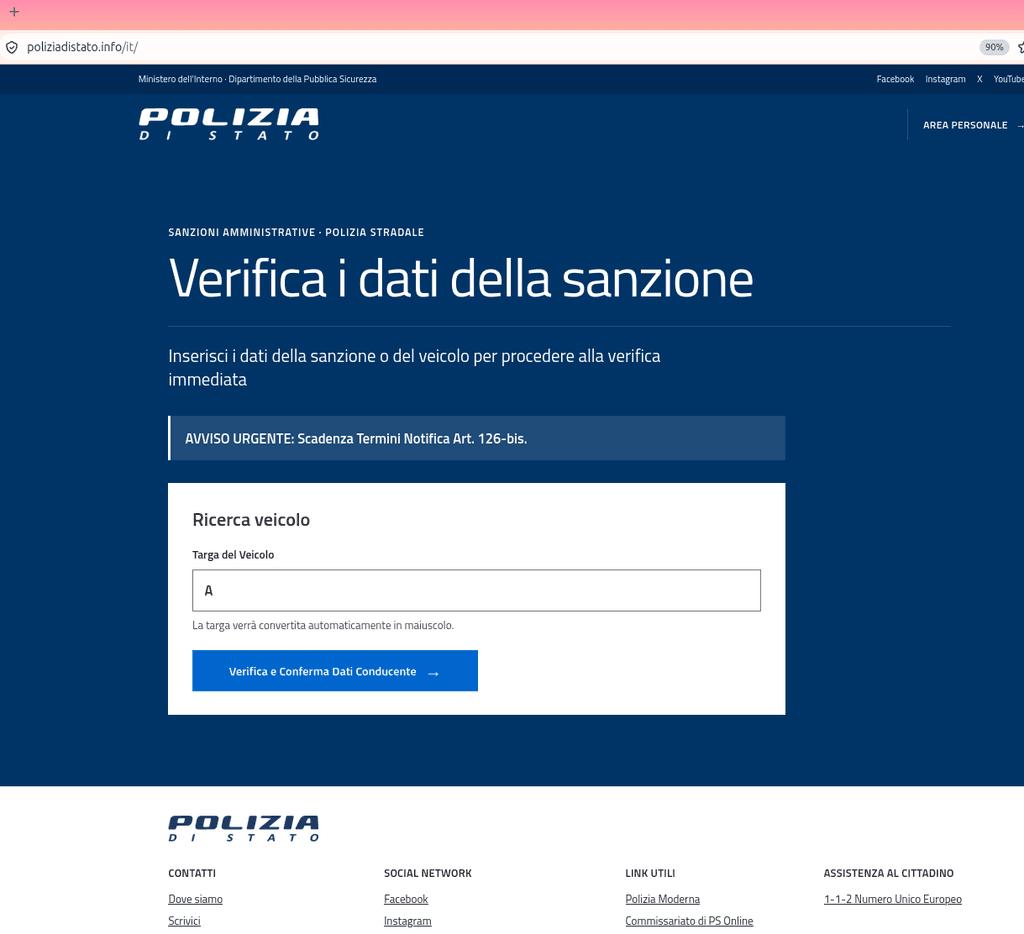 Screenshot of the fake Polizia di Stato fine-verification page on poliziadistato.info asking for a vehicle plate