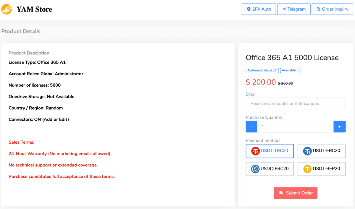 Screenshot of a Yam Store product page selling an Office 365 licence, from Cloudflare's report