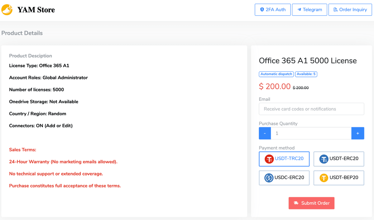 Screenshot of a Yam Store product page selling an Office 365 licence, from Cloudflare's report