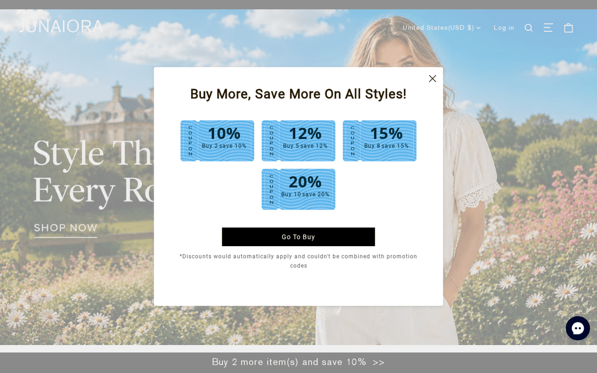 Screenshot of the Junaiora.com storefront