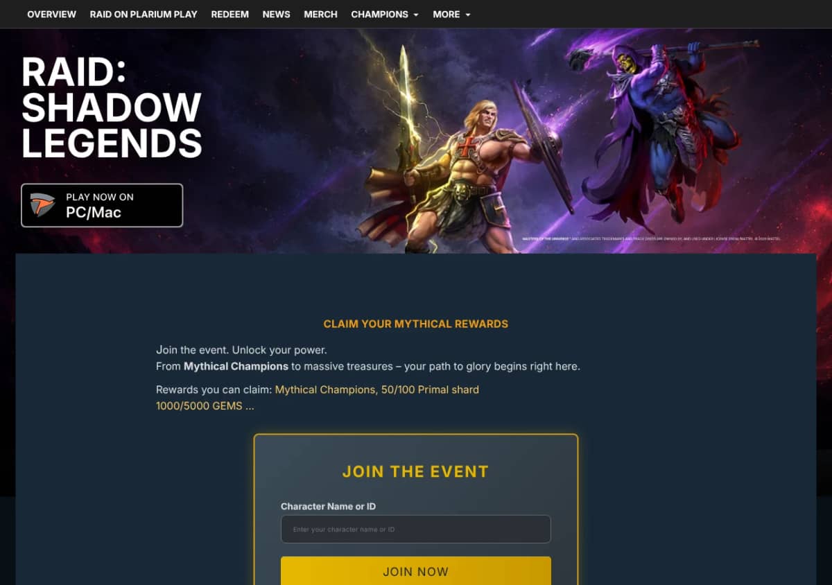 Screenshot of the RaidChest.com 'Claim your Mythical rewards' page asking for a character name or ID