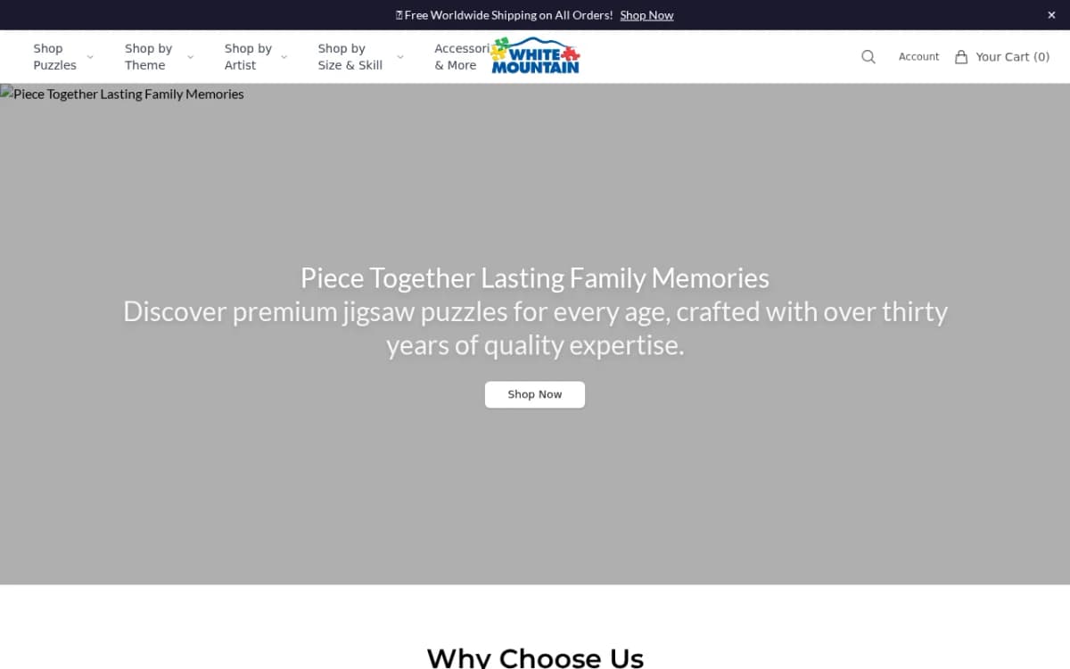 Screenshot of the whitemountainpuzzlesfun.com copycat store homepage