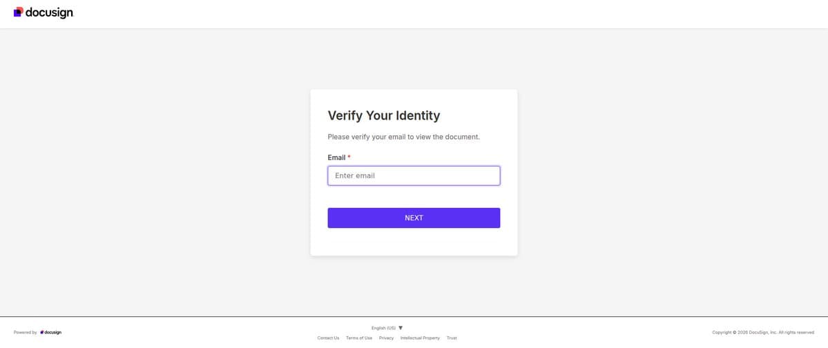 Screenshot of a DocuSign-branded 'Verify Your Identity' phishing page on bluesoftsdocrks.com