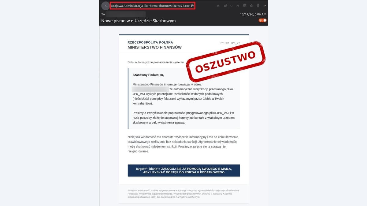 Screenshot of the fake KAS 'JPK_VAT' phishing email stamped OSZUSTWO (fraud); recipient address blurred