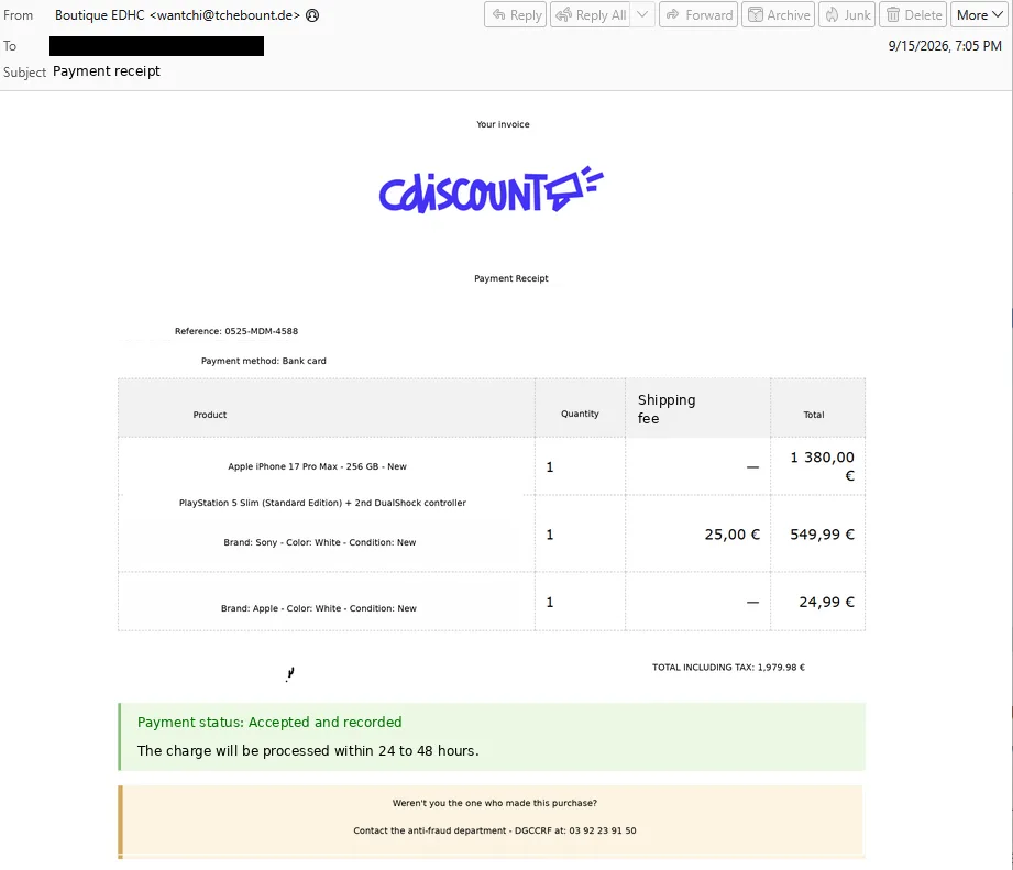 Fake Cdiscount payment receipt email used in the callback scam (recipient redacted by Hornetsecurity)